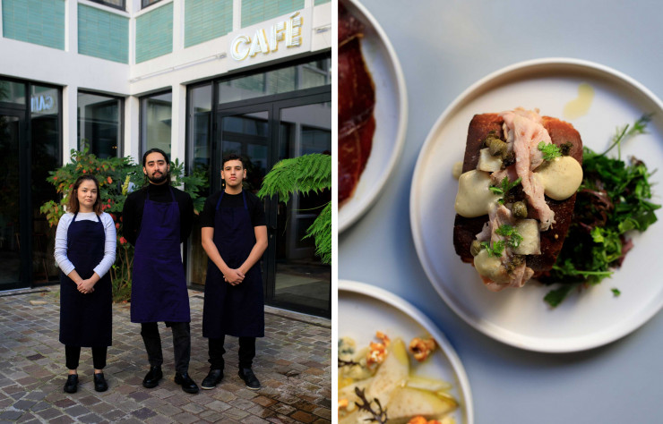 À gauche, le chef Thomas Coupeau et son équipe. À droite, club sandwich au vitello tonnato.