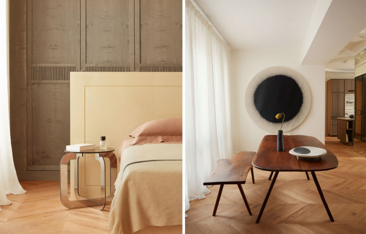 Un appartement, à Paris. Dans la salle à manger, table et banc de Rudolph Condon ; au mur, œuvre circulaire Tambour 124’ de Latifa Echakhch. Dans la chambre, guéridon Gio, collection « Ginger » de Sandra Benhamou.