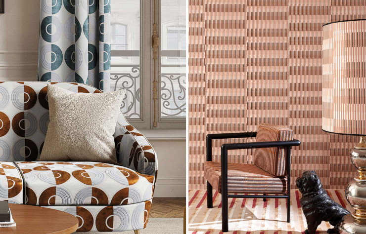 A droite : Tissu Equinox en velours sur base de lin, collection « Rétrospective », design Alexia Leleu (Maison Leleu x Lelièvre). A gauche : Velours et papier peint intissé de la collection « The Surreal World », en polyester, design Ken Fulk (Pierre Frey)