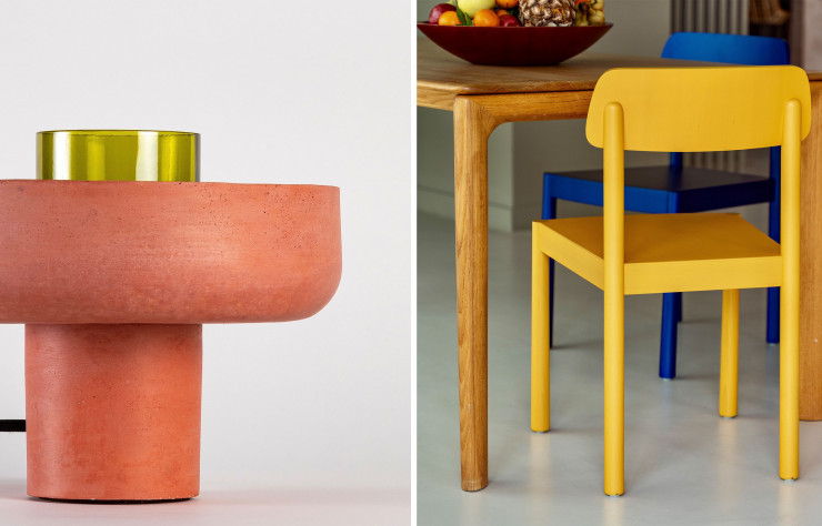 La lampe Luna, à gauche, et la chaise colorée Woody de Mercredi Studio, à droite.