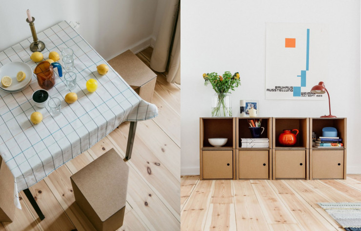 Tabouret et étagères en carton ondulé par Room in a box.
