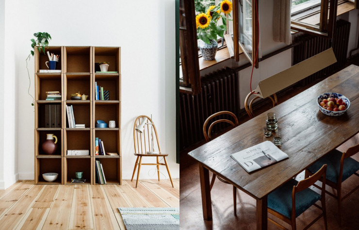 Etagères et luminaires en carton ondulé par Room in a box, éditeur de meubles en carton.