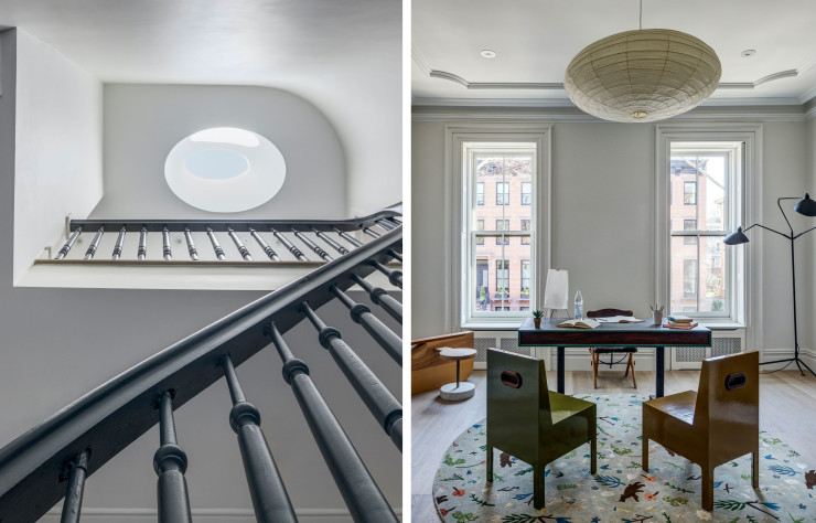 La lucarne ovale s’adapte à la géométrie de la cage d’escalier (à gauche) / Le bureau se situe dans la bibliothèque au deuxième étage de la maison (à droite).