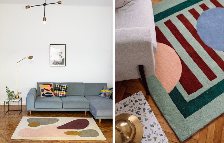 Les dessins des tapis et des coussins sont réalisés par la fondatrice de la marque.