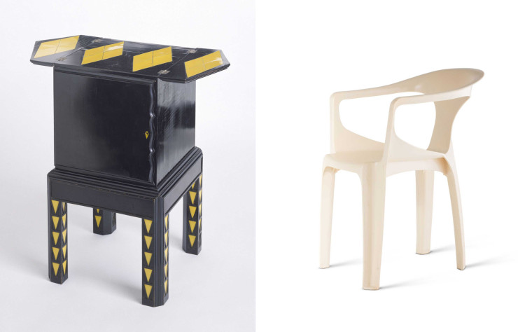A gauche, cabinet Smoker, 1916 par Charles Rennie Mackintosh ; à droite Fauteuil 300, Monobloc, Polypropylene, 1972 par Henry Massonnet.