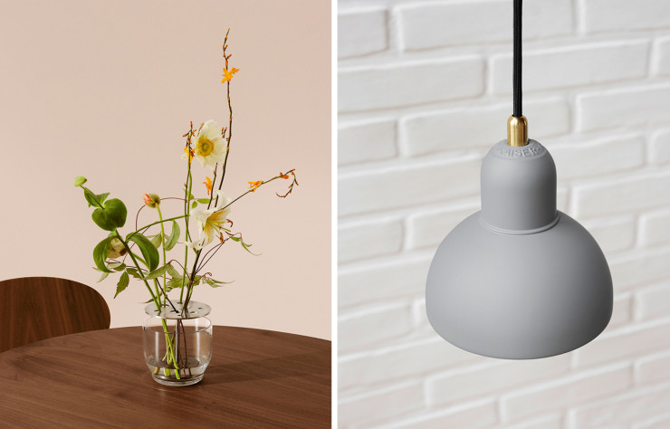 Le vase Ikebana de Jaime Hayón (à gauche) / Les chaise Drop et table Egg, signées Arne Jacobsen (à droite).