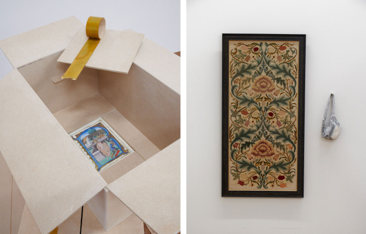 L’enluminure de Maître de Jacques de Besançon (La Résurrection, 1490) est imbriquée dans l’oeuvre Carton (2022) de Raphaël Sitbon par une savante dissimulation (à gauche). La foisonnante broderie de William Morris, John Henry Dearle et Ann Daroch (1898) offre un contraste déroutant avec Faire tapisserie Banane (2022), oeuvre en céramique de Ninon Hivert (à droite).