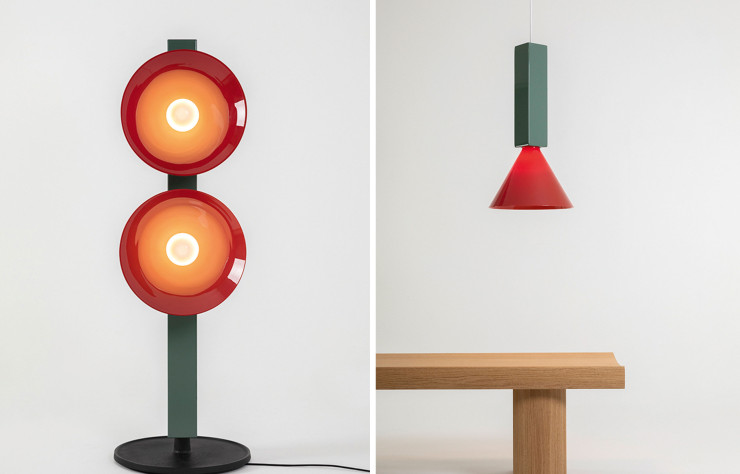 Le lampadaire Signal R Polychromatic et ses deux cônes lumineux en verre de Murano (à gauche). / La suspension Signal C1 Polychromatic éclaire le banc Hakone (Galerie Kreo, 2016), aussi signé des deux designers, d’un jour nouveau (à droite).
