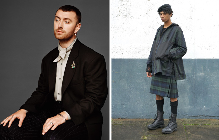 Le chanteur Sam Smith (à gauche). / Modèle de Nicholas Daley, qui rappelle l’importance de son héritage jamaïcain-écossais (à droite).