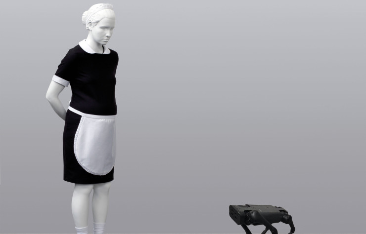 Pregnant white maid and unitree A1 robot dog 2017.