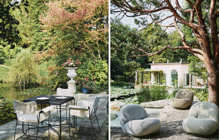« Tropique », de Mathieu Matégot, arbore les formes courbes et l’acier perforé chers au designer franco-hongrois (à gauche). / Les fauteuils Pacha, de Pierre Paulin, existent désormais en version outdoor (à droite).