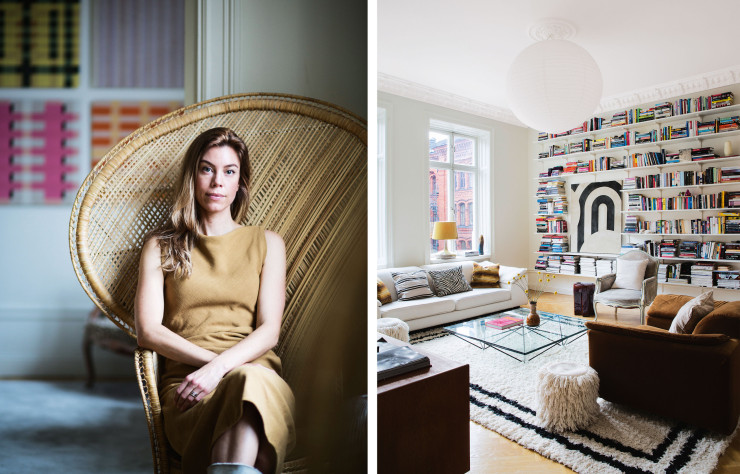 L’hôtesse des lieux, Paulina Liffner von Sydow, assise sur une chaise paon vintage en rotin provenant du magasin Brandstationen, à Stockholm.