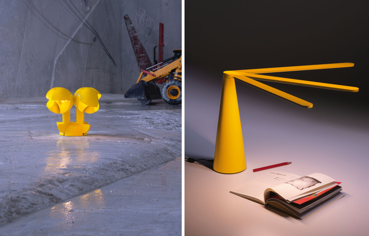 Elica, de Brian Sironi, une lampe distinguée par de nombreuses récompenses, dont le Compasso d’Oro, en 2011 (à gauche). / Ruspa, de Gae Aulenti, dans sa version 633/4 à quatre bras (à droite).