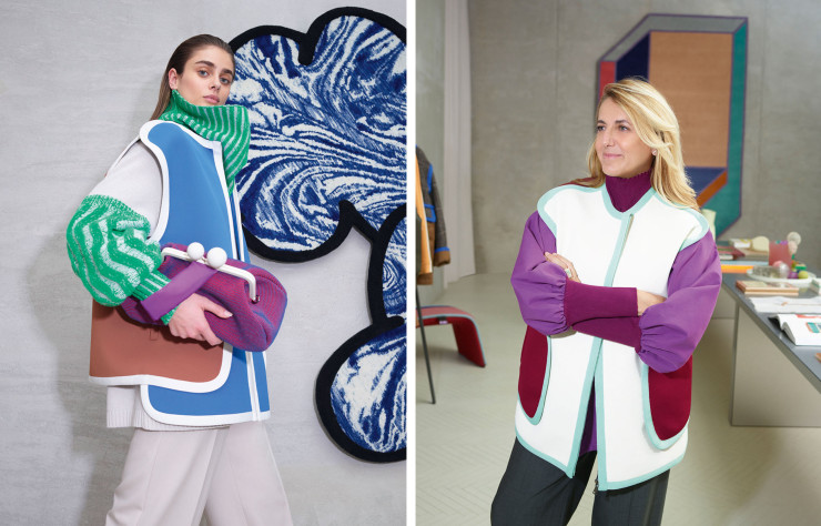 La designer et architecte Patricia Urquiola (à droite) a conçu pour la ligne lifestyle Weekend Max Mara une collection colorée, aux proportions over size.