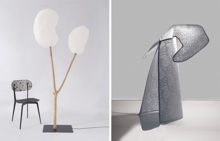 Le lampadaire Émergence II, de Diane de Kergal (à gauche). / Lampe Doll, de Clémentine Chambon, en dentelle Solstiss (à droite).