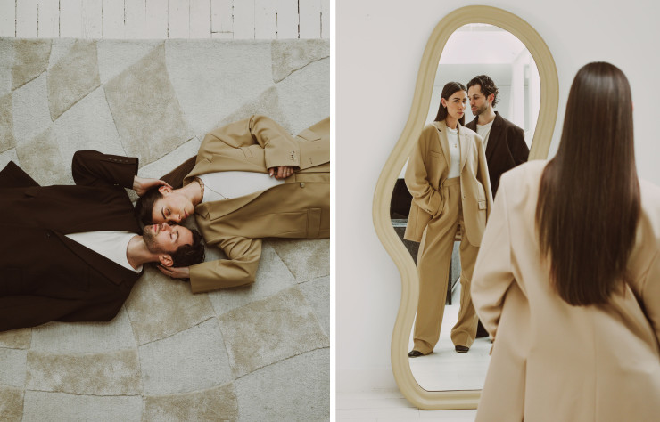 Le tapis Numéro avec son motif damier (à gauche). / Le miroir Ego avec ses courbes arrondies (à droite).
