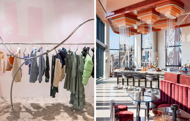 La boutique de Sandy Liang, à Chinatown (à gauche). / L’intérieur néo-80’s de la Panorama Room, dans Roosevelt Island (à droite).