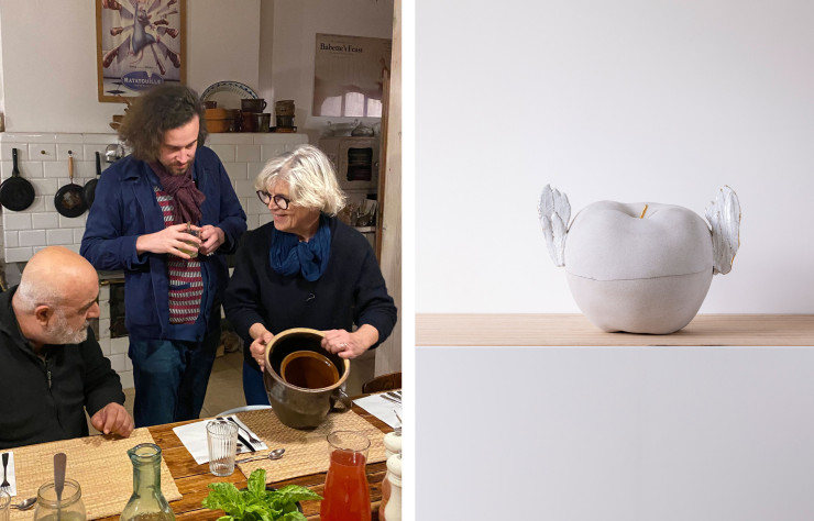 Photo de gauche : Mathilde Bretillot, le designer Goliath Dyevre (au centre) et l’expert Pierangelo Caramia en plein work in progress au B&B Dom Goscinny Stara Szkoła pendant le Ceramic & Food Route 2021 / Photo de droite : en Pologne, la pomme représente 80 % de la production agricole. Ce qui a inspiré Pierangelo Caramia pour cette coupe de béton (rouge à l’intérieur !) baptisée Flying Polish Apple (Dondé).