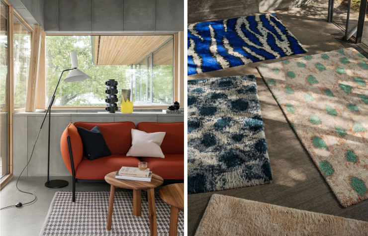 A gauche, dans le riche catalogue de Hem, qui édite des designers de renom, on reconnaît le canapé modulaire Kumo, d’Anderssen & Voll, la lampe Alphabeta, de Luca Nichetto, les tables basses Alle, de Staﬀ an Holm, le tapis Rope, de Pauline Deltour. A droite, tapis Monster Rugs.