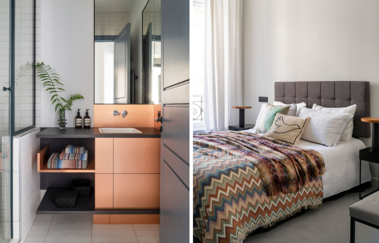 Dans la salle de bains, meuble vasque réalisé sur mesure, design Frédéric Crouzet (à gauche). / Dans la chambre principale, plaid et couvre-lit Missoni. Coussins The Conran Shop (à droite).