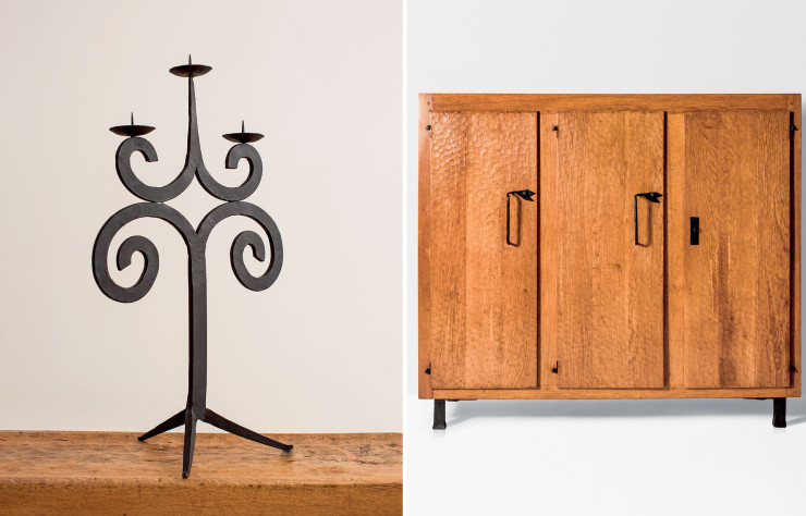 Bougeoir en fer forgé noirci (Galerie Desprez Bréhéret) et haut buffet en chêne sculpté en nids d’abeille (Galerie Y/V Gastou)