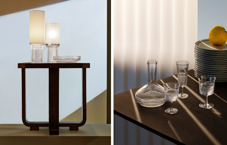 Lampes à poser, coupes, carafe, verres de la collection Cadence.