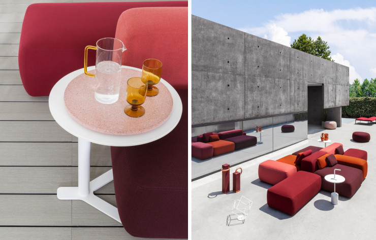 A gauche, Table basse d’appoint au plateau en porte-à-faux Yo ET80 de Romano Marcato. / A droite, canapé modulaire Island de la collection « Plus », table blanche Jey ET41 et bancs modulaires ADD (au fond), signés Francesco Rota ; poufs Kipu, imaginés par Anderssen & Voll.