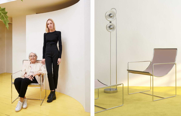 A gauche, l’artiste Odile Mir, 95 ans, et sa petite-fille, l’architecte d’intérieur Léonie Alma Mason. Leur histoire singulière, qui mêle découverte d’une œuvre et transmission d’un fonds de design, a abouti à la création d’une maison familiale : Lomm Éditions. A droite, quelques-unes des pièces remises en lumière à cette occasion : les fauteuil et repose-pieds Filo et le lampadaire Duo.