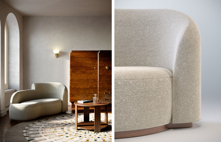 Enveloppante, la méridienne Colette, de la collection « Transition », est une réinterprétation de la méridienne Rognon, créée pour le paquebot Le Normandie. Tapis Cosmos.