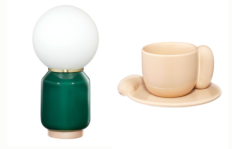 Lampe à poser et tasse à café et sa soucoupe signées Margaux Keller pour Monoprix