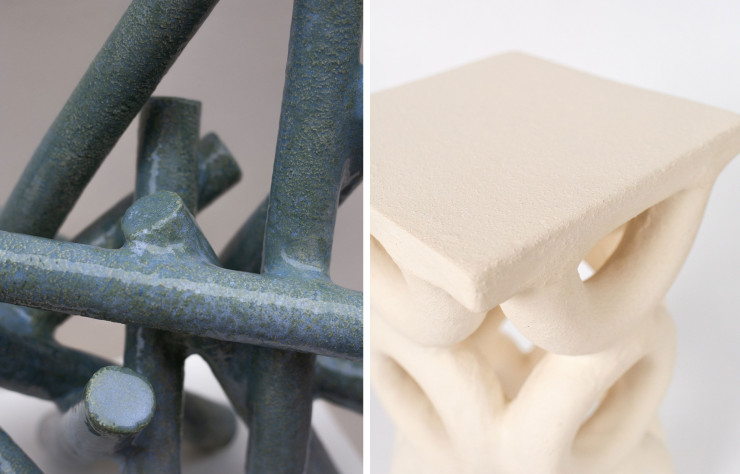 Les structures cylindriques de la série «Sticks» se juxtaposent pour ne former qu’un (à gauche) / Un des tabourets de la série «Arch» (à droite).
