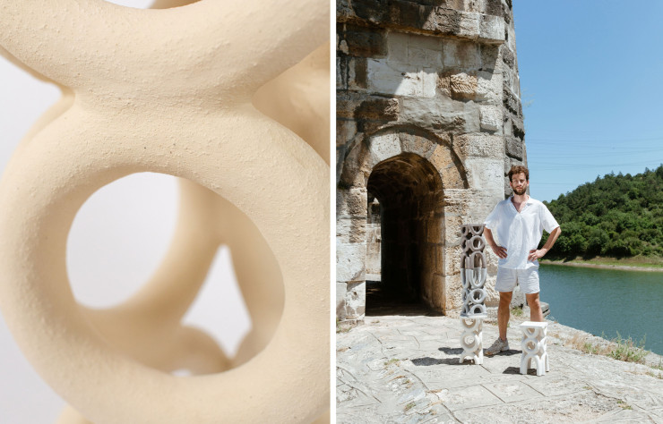 A gauche, détail d’une micro-sculpture, à droite portrait de Mesut Öztürk