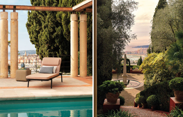 Transat et coussin en tissu Les Baigneuses issus de la nouvelle collection outdoor de Misia.