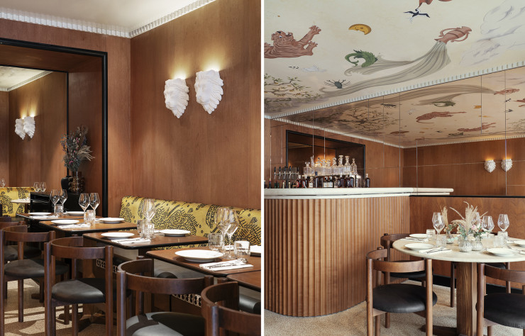 Un bestiaire symboliste a pris ses quartiers chez Orgueil, sur les murs comme au plafond… et même sur la vaisselle !