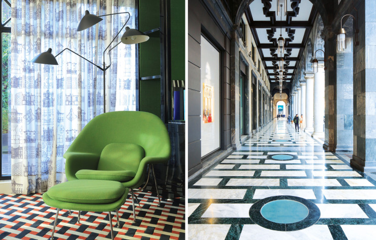 L’hôtel Aethos Milan (à gauche). / Non loin du Duomo et de La Scala, le passage couvert du Corso Giacomo Matteotti abrite de nombreuses enseignes de mode (à droite).
