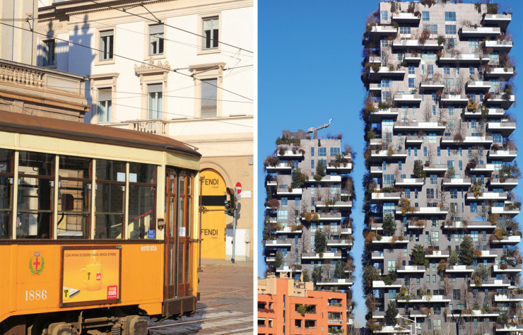 Les tramways jaune orangé de la fin des années 20, toujours en circulation, ajoutent à la poésie de Milan (à gauche). / Dans le quartier de Porta Nuova, les deux tours d’habitation Bosco Verticale sont couvertes de 15 000 plantes et arbres (à droite).