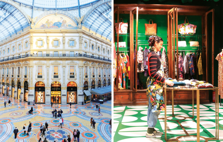À côté du Duomo, la Galleria Vittorio Emanuele II est un passage couvert érigé au XIXe siècle (à gauche). / Via Sant’Andrea, l’univers coloré et gai de la boutique La DoubleJ. reflète la personnalite de sa fondatrice, l’ex-journaliste J.J. Martin (à droite).