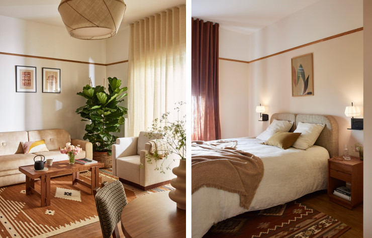 A gauche, salon de l’un des 110 appartements de la résidence pour seniors. A droite, l’une des chambres.