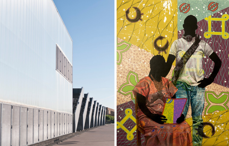 A gauche, vue extérieur du Hangar 14 qui accueille la première édition du BAD+. A droite, Galerie Carole Kvasnevski, œuvre de Justin Ebanda, hegemony@memory.cm, 2022, acrylique sur toile, 110 x 130 cm.