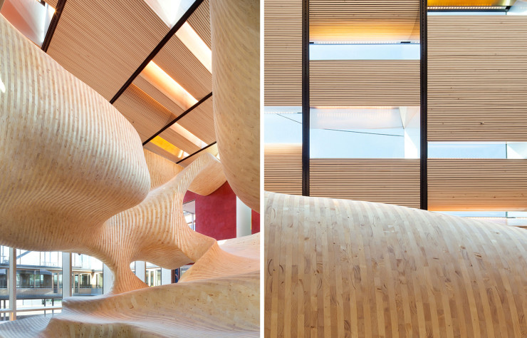 À Klaus, en Autriche, au sein du campus de la société Omicron, Dietrich Untertrifaller a imaginé une structure en bois de forme hyper-sculpturale.