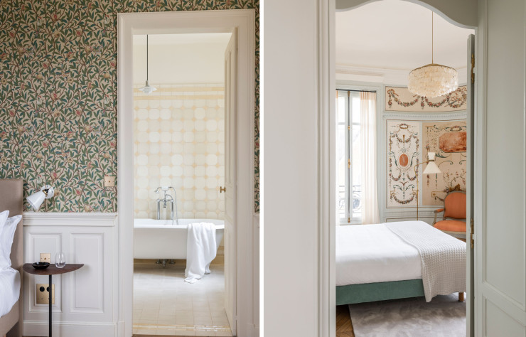 La chambre Madame reflète le style Art Nouveau avec la présence de vitraux rémois dans la plupart de la pièce.