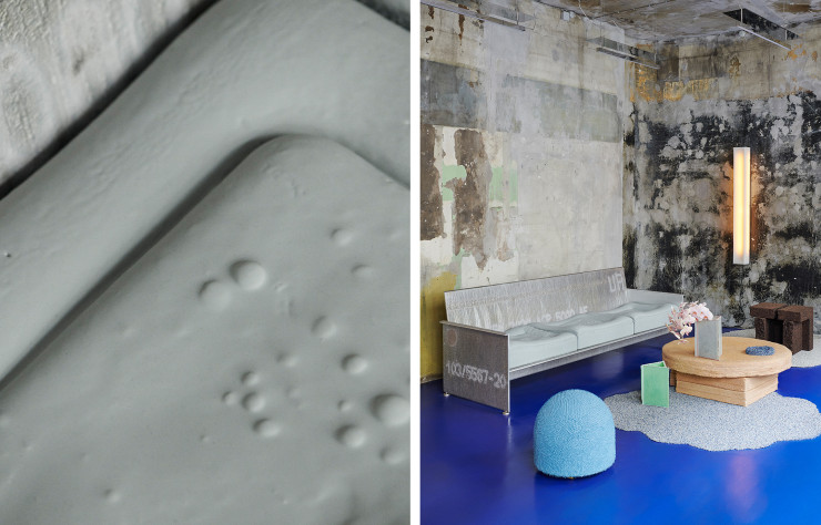 Plan rapproché du polyuréthane provenant d’une usine de matelas et utilisé pour fabriquer l’assise du canapé (photo de droite) et d’un fauteuil en mousse.