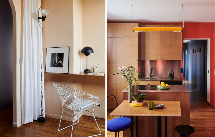 À gauche, vue du bureau réalisé sur mesure. À droite, le mobilier sur mesure conçu à base de MDF apporte une certaine chaleur dans la cuisine.