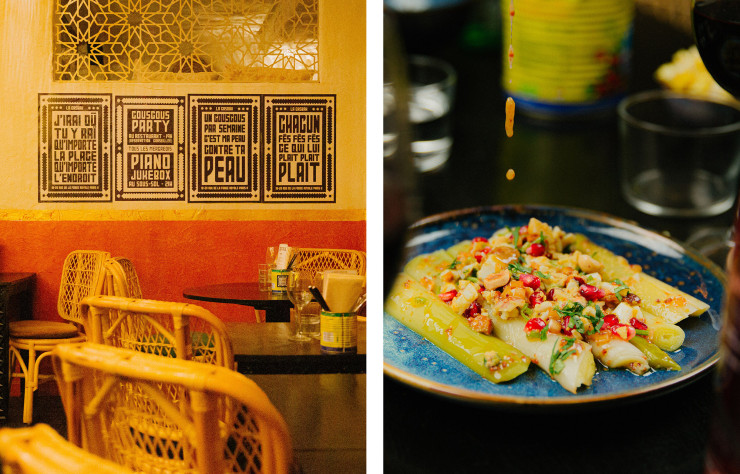 « C’est le premier néo-bistrot à Paname qui revisite la cuisine maghrébine traditionnelle avec des influences internationales et des ingrédients frais typiquement marocains (amlou, citron confit, raz el hanout, eau de rose…). Résultat: une cuisine aux accents pop à partager » – Abdel Alaoui