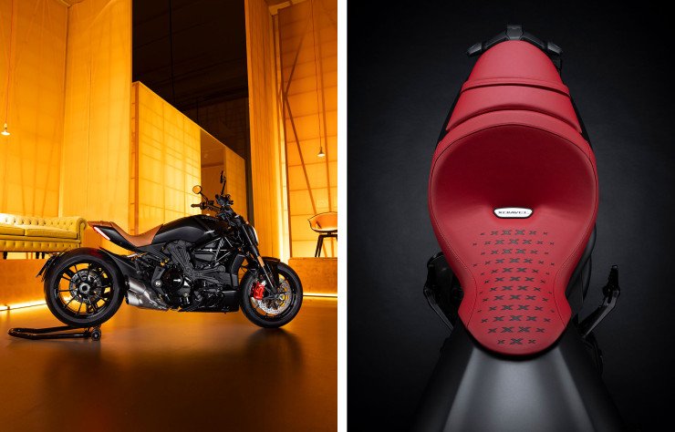 La XDiavel Nera MY22 impose sa ligne souveraine. Sa selle en Pelle Frau, un cuir naturel souple posé à la main, ici en rouge Siam, est personnalisable.