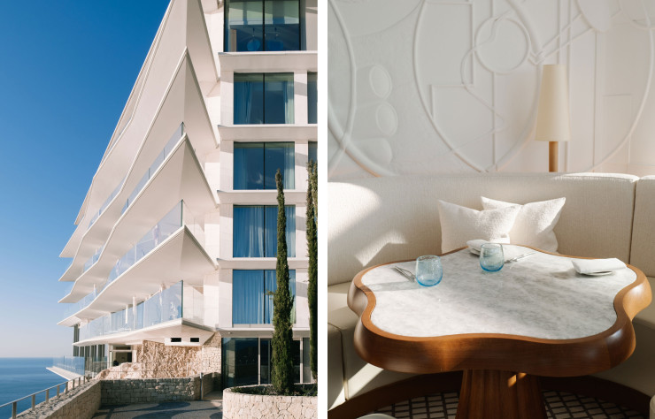 Le bâtiment de l’aile Crystal, avec ses lignes tendues et sa situation quasi en équilibre sur la falaise, est sans conteste la signature de l’architecte Jean-Michel Wilmotte. A droite, dans la salle à manger du restaurant Riviera, un bas-relief rend hommage à la villa E-1027 d’Eileen Gray. La proximité de telles constructions emblématiques sur ce territoire méditerranéen, comme un héritage architectural, laisse forcément une empreinte que l’on a envie de partager et de transmettre.
