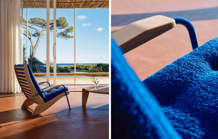 Le fauteuil Kangourou est ici présenté dans une teinte bleue marcoule.