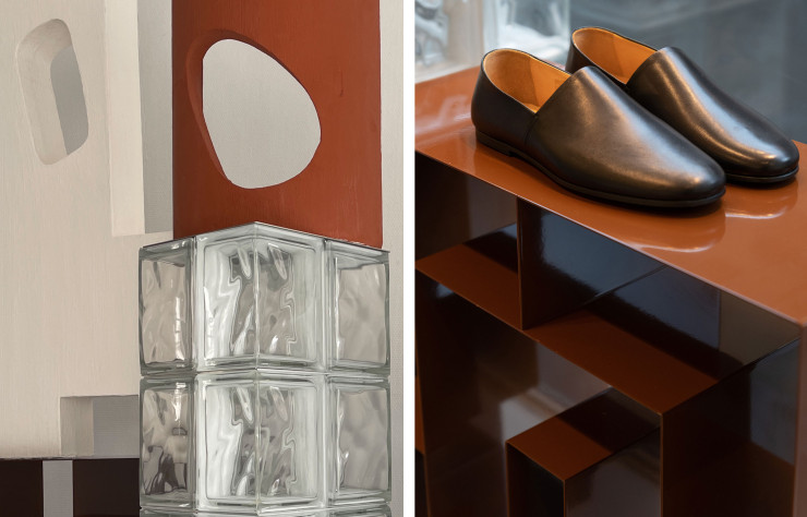 A gauche, plan rapproché sur les modules imaginés par Garance, à droite, chaussures Sandro sur leur nouveau piédestal