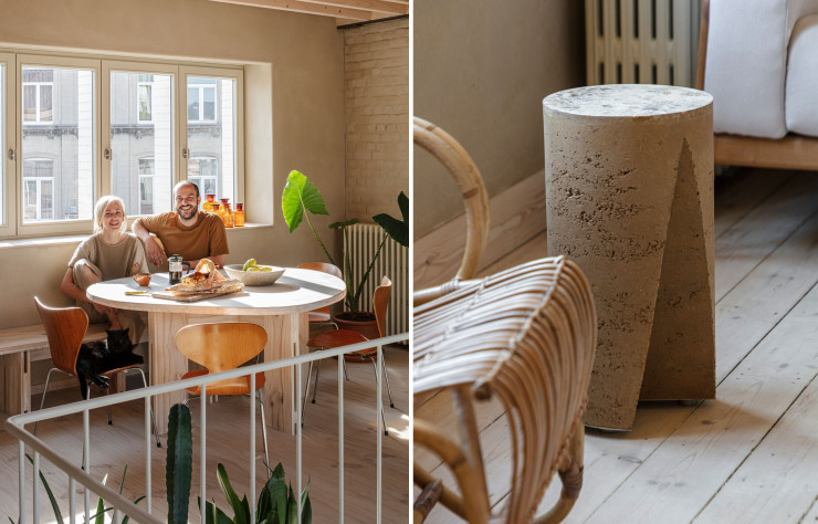 À gauche, les propriétaires Hanne Eckelmans et Nicolas Coeckelberghs / À droite, un tabouret fabriqué à partir de matériaux extraits lors des travaux.