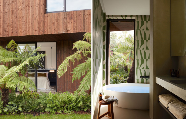 Dans cette chambre ouverte sur les fougères, coussins et plaid de Valentina Hoyos. / Dans cette salle de bains, qui baigne aussi dans la nature, on retrouve la même intention brute que dans la cuisine avec son lavabo posé sur une paillasse en béton. Bassin Agape.Carreaux en ciment Popham Design. Table d’appoint Trio, design Neri &Hu (De La Espada). Linge de bain Haomy